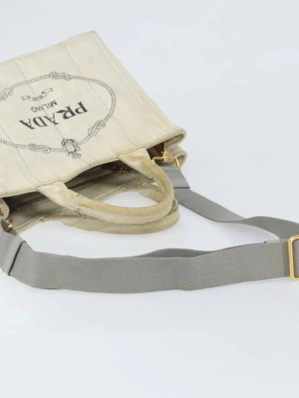 PRADA Canapa PM Hand Bag Canvas 2way Gray Gold Auth ti3731 - Picture 8 of 16